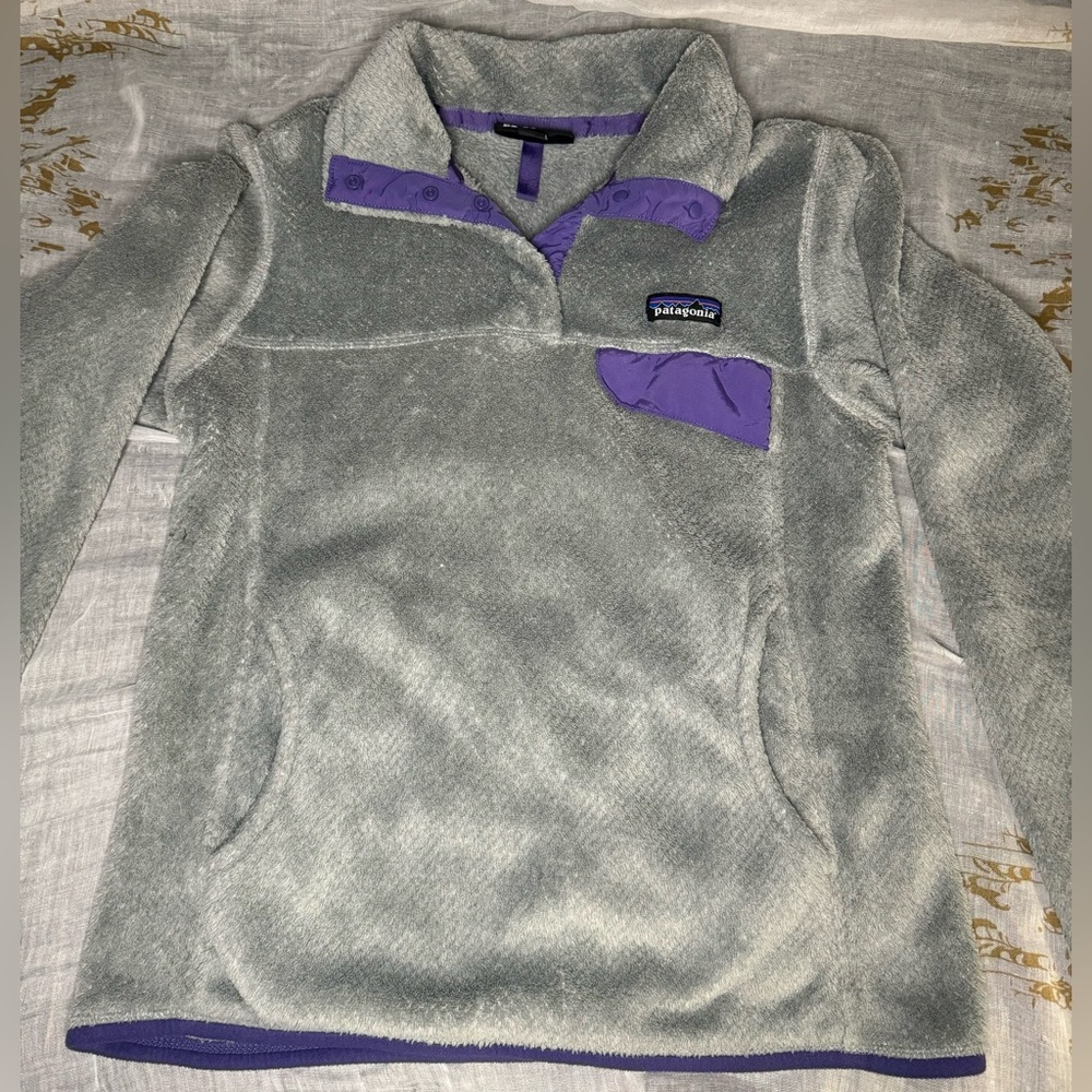 Patagonia Snap-T Pullover Polartec Fleece Jacket Gray w/ Purple Trim Women Small